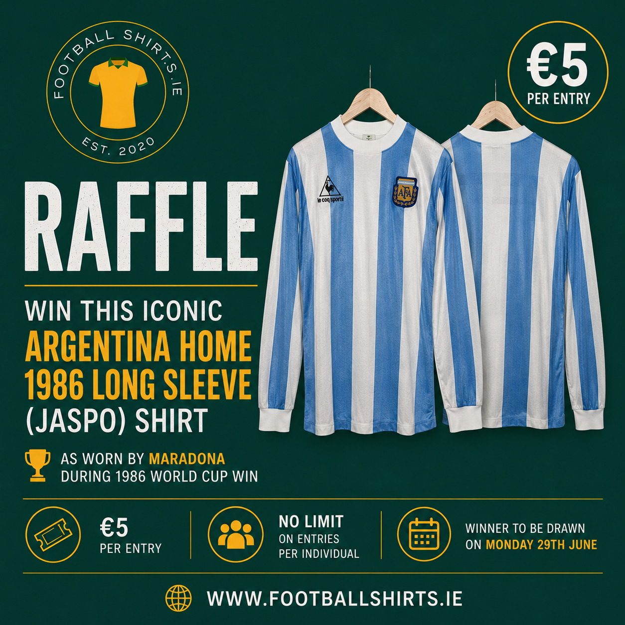 Raffle: 1986 Argentina Home Long Sleeve (Jaspo), Large (fits Medium)