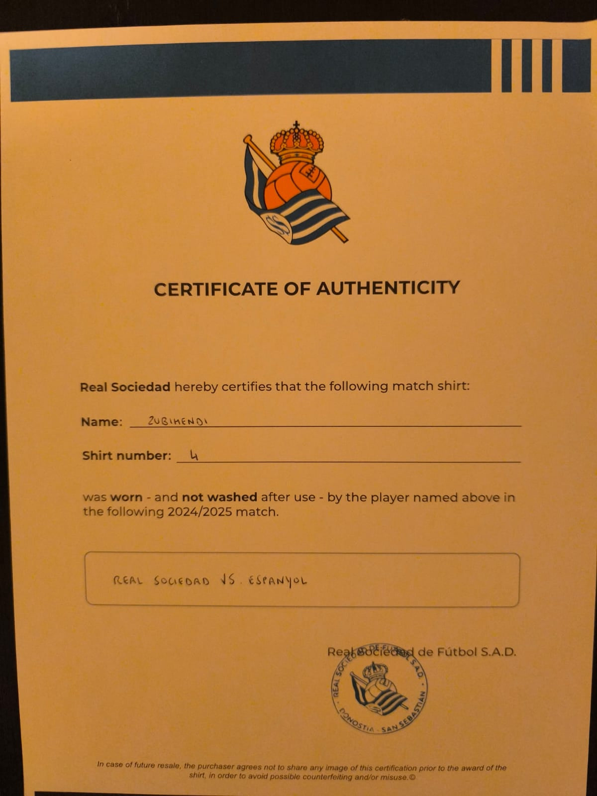 Martin Zubimendi Matchworn & Signed Real Sociedad Home 2024 vs Espanyol